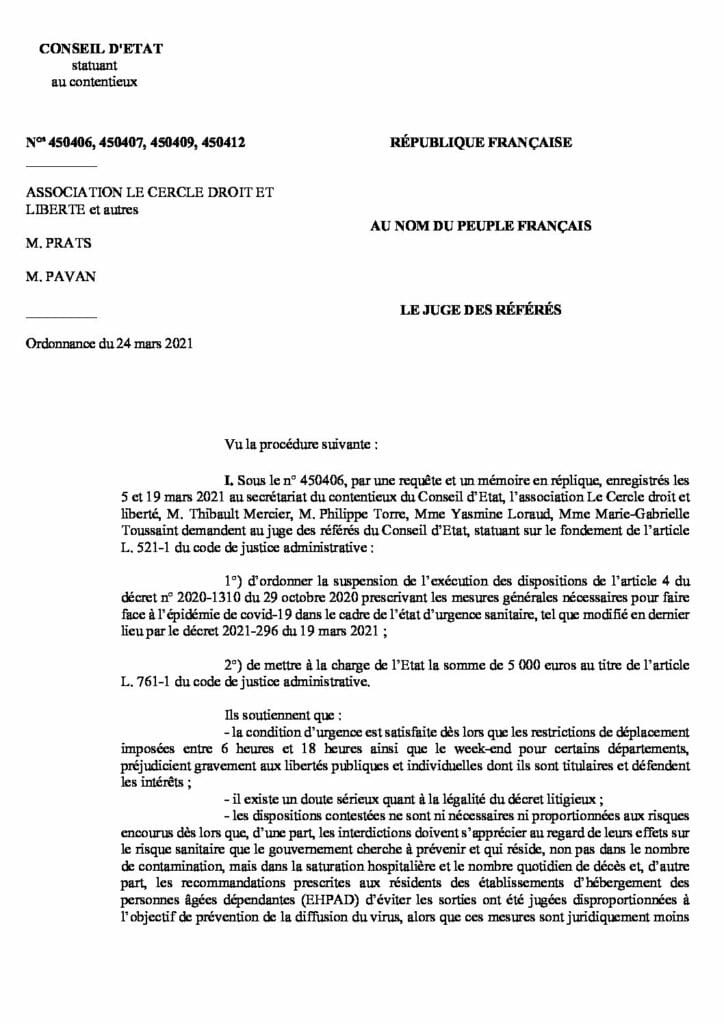 Recours couvre-feu/confinement : Le Gouvernement répond au Cercle Droit & Liberté !