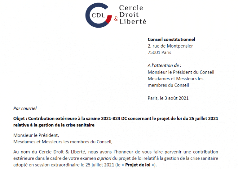 Extension massive du passe sanitaire : le Cercle Droit & Liberté refuse que nos libertés soient conditionnées à notre état de santé et dénonce des atteintes graves et illégitimes au droit
