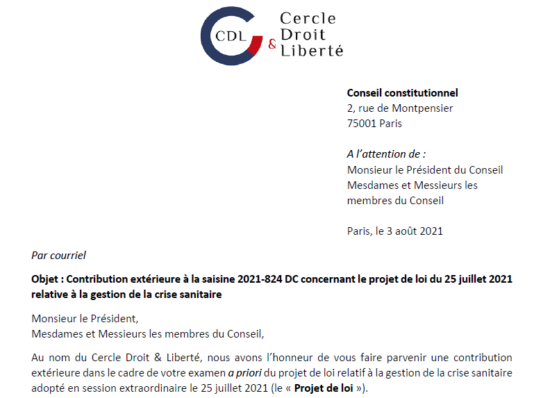 Projet de loi relatif à gestion de la crise sanitaire: Le CDL transmet sa contribution extérieure au le Conseil constitutionnel