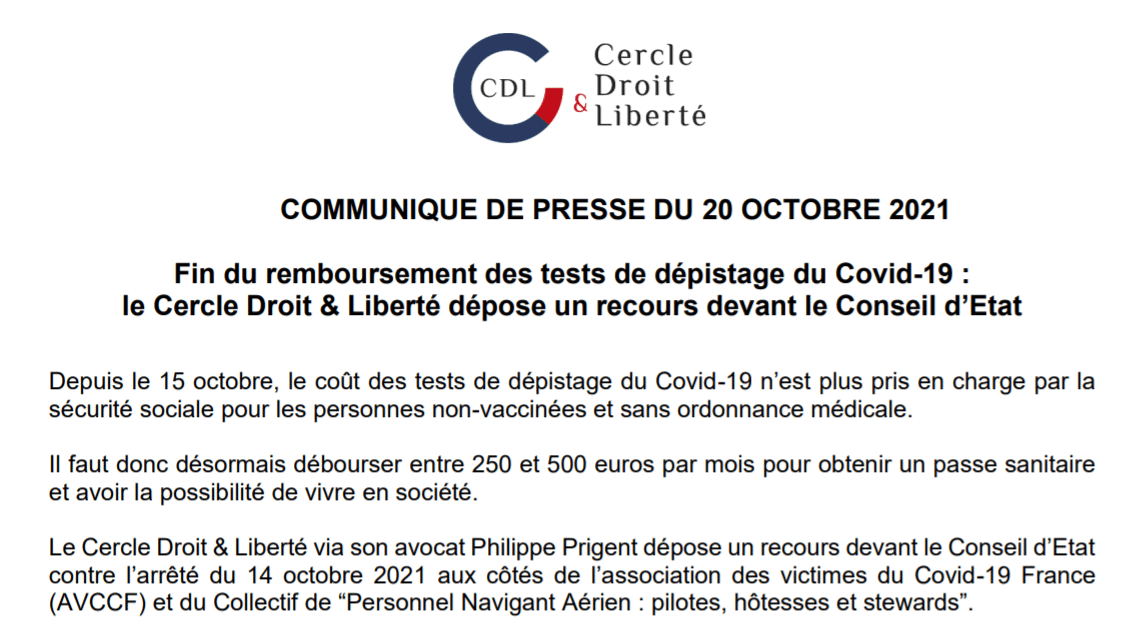 Le Cercle Droit et Liberté continue son combat : Dépôt d’un nouveau recours contre la durée de validité des tests