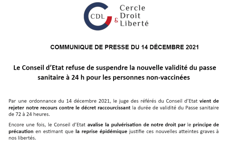 Le Conseil d’Etat refuse de suspendre la nouvelle validité du passe sanitaire à 24h pour les personnes non-vaccinées