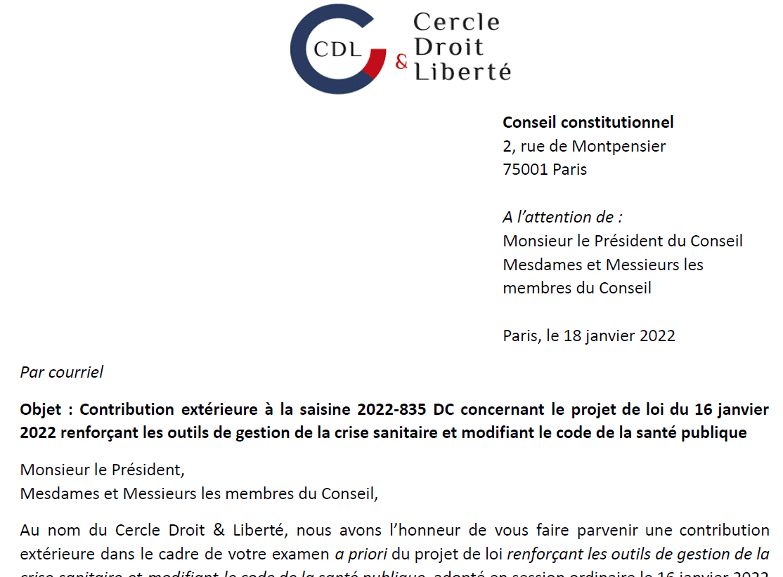 Passe vaccinal : Le Cercle Droit et liberté a transmis sa contribution extérieure au Conseil constitutionnel